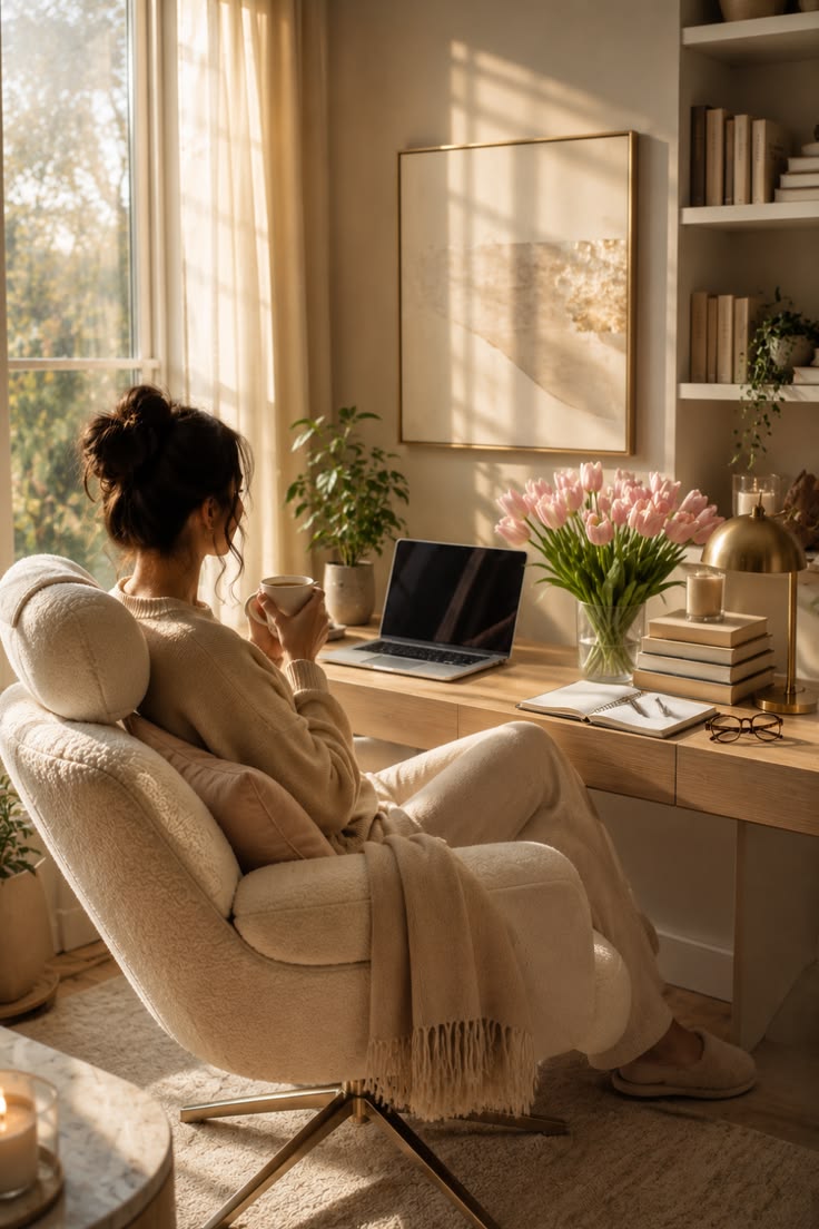 A softly lit room with a comfortable chair and warm tones suggesting a peaceful decompression environment