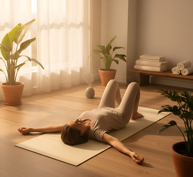 Soft natural light over a yoga mat and cushion arranged for a gentle stretching and rest routine